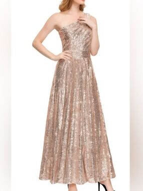 Kate Kasin One Shoulder Rose Gold Sequin Evening Gown Sz14 Prom Glam Holiday